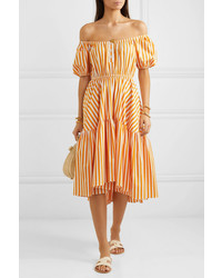 Caroline Constas Bardot Off The Shoulder Striped Cotton Blend Midi Dress
