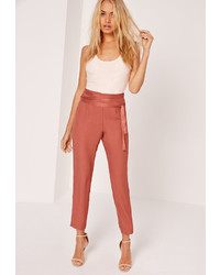 Missguided Satin Tie Waist Cigarette Trousers Pink