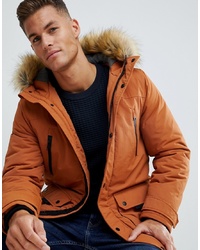 Burton Menswear Parka With Faux Fur Hood In Rust