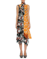 Marni Patchwork Placed Print Silk Tie Neck Midi Dress Orange Pattern