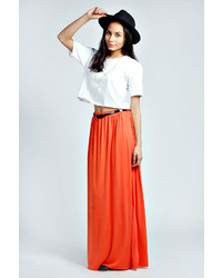 Orange Pleated Maxi Skirt