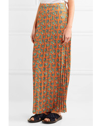 House of Holland Pleated Floral Print Crepe Maxi Skirt Orange