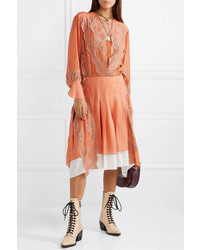 Chloé Med Mousseline And Pleated Crepe Midi Dress