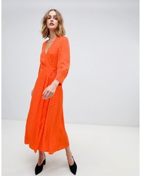 Warehouse Wrap Front Spot Midi Dress In Orange