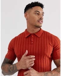 ASOS DESIGN Knitted Ribbed Polo T Shirt In Burnt Orange