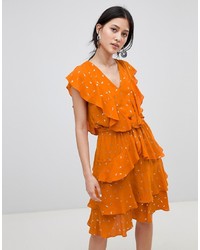Y.a.s Metallic Print Ruffle Midi Dress In Orange