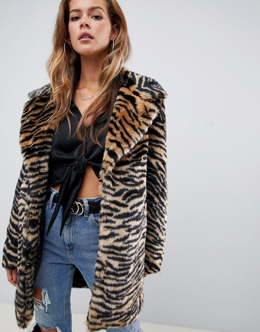Missguided Faux Fur Coat In Tiger Print, $83 | Asos | Lookastic