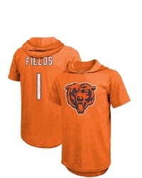 Majestic Threads Fanatics Branded Justin Fields Orange Chicago Bears Player Name Number Tri Blend Short Sleeve Hoodie T Shirt
