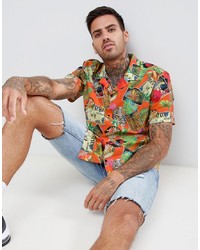 ASOS DESIGN Oversized Tropical Floral Postcard Printed Shirt In Red With Revere Collar