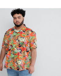 ASOS DESIGN Plus Oversized Tropical Postcard Printed Shirt In Red With Revere Collar