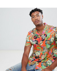 ASOS DESIGN Tall Oversized Tropical Postcard Printed Shirt In Red With Revere Collar