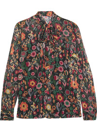 RED Valentino Redvalentino Pussy Bow Printed Crinkled Silk Georgette Blouse Orange
