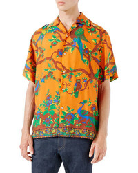 Gucci Jubilee Print Silk Bowling Shirt Orange
