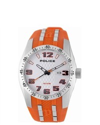 Police Topgear Silver Dial Orange Rubber Band Quartz Watch