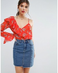 Asos One Shoulder Ruffle Blouse In Bright Floral