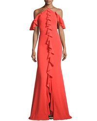 Marchesa Notte Cold Shoulder Stretch Crepe Ruffle Gown Tangerine