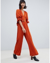 ASOS DESIGN V Neck Jumpsuit With Puff Sleeve And Oval Belt