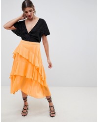 Orange Ruffle Midi Skirt