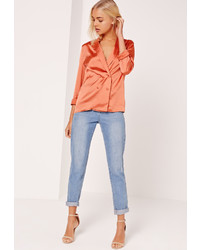 Missguided Satin Double Breasted Blouse Orange