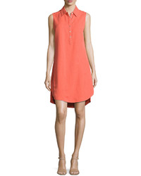 Joan Vass Button Front High Low Linen Blend Shirtdress Orange