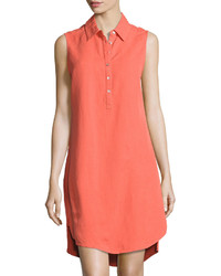 Joan Vass Button Front High Low Linen Blend Shirtdress Orange