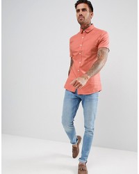 ASOS DESIGN Skinny Oxford Shirt In Coral With Short Sleeves