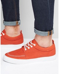 Asos Brand Lace Up Sneakers In Orange Faux Suede