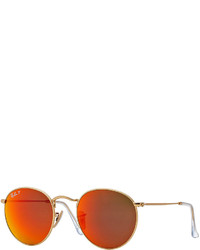 Ray-Ban Polarized Round Metal Frame Sunglasses With Orange Mirror Lens