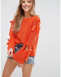 Asos Ribbed Sweater With Tie Sleeve Detail