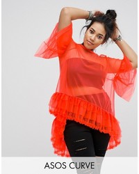Asos Curve Curve Mesh T Shirt With Dipped Back And Ruffles