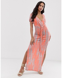 ASOS DESIGN Jersey Beach Maxi Dress In Washed Neon Tie Dye With Twist Front Detail