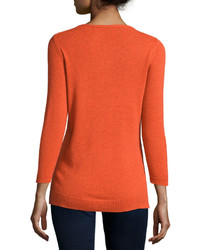 Neiman Marcus Cashmere V Neck Basic Sweater Orange