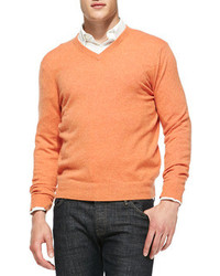 Neiman Marcus Cashmere V Neck Sweater Orange