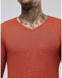 Asos Muscle Fit V Neck Sweater In Rust Cotton