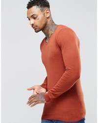 Asos Muscle Fit V Neck Sweater In Rust Cotton
