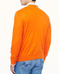 Neiman Marcus Tipped V Neck Sweater Orange