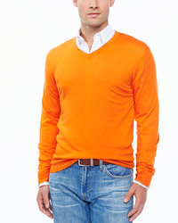 Neiman Marcus Tipped V Neck Sweater Orange