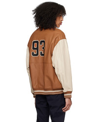 Hugo Orange Beige Color Blocked Varsity Leather Jacket
