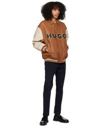 Hugo Orange Beige Color Blocked Varsity Leather Jacket