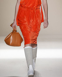 Victoria Beckham Ruched Velvet Pencil Skirt Orange