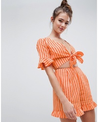 ASOS DESIGN Playsuit With Cut Out And In Linen In Stripe