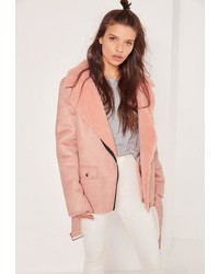 Missguided Faux Suede Shearling Lined Biker Jacket Pink
