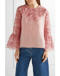 Fendi Appliqud Cotton Blend Broderie Anglaise And Organza Top Pastel Pink