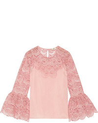 Fendi Appliqud Cotton Blend Broderie Anglaise And Organza Top Pastel Pink