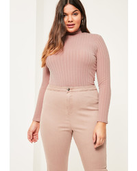 Missguided Plus Size Pink Ribbed High Neck Top