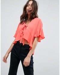 Asos Tie Front Blouse With Frill Sleeve