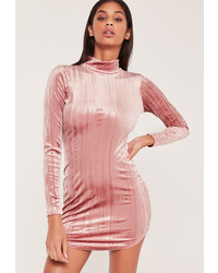 Missguided Pleated Velvet Curve Hem Bodycon Dress Pink
