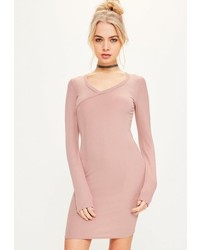 Missguided Pink Ribbed Cross Front Bodycon Dress