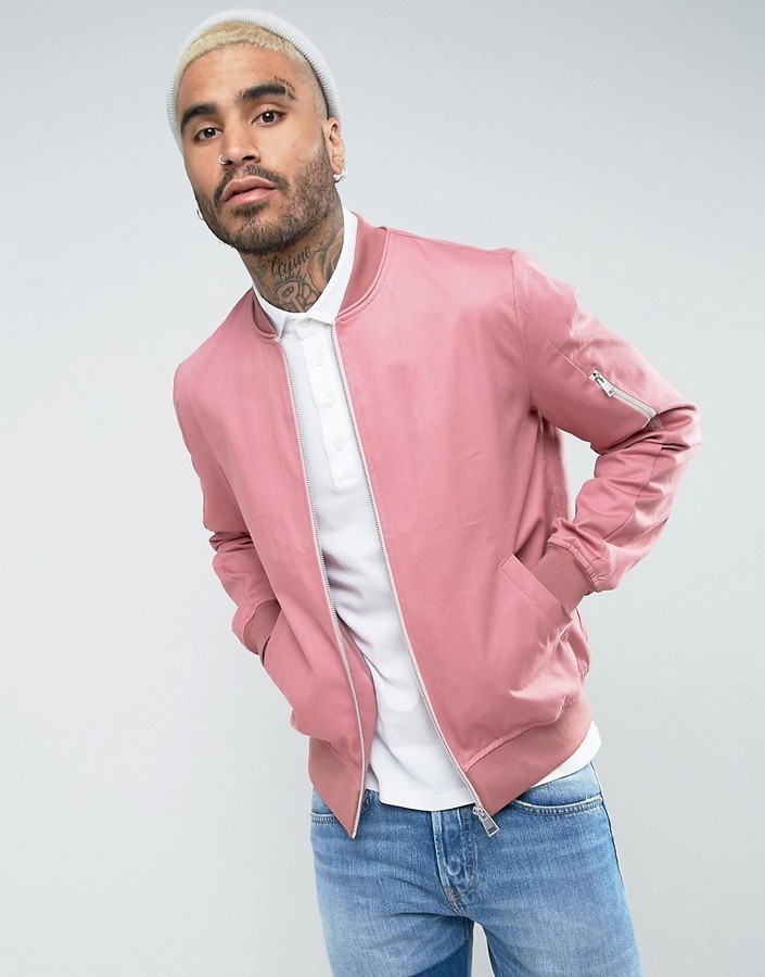Asos Cotton Bomber Jacket With Sleeve In Pink, $48 | | Lookastic