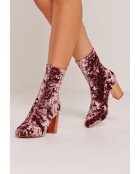 Missguided Crushed Velvet Block Heeled Boots Pink